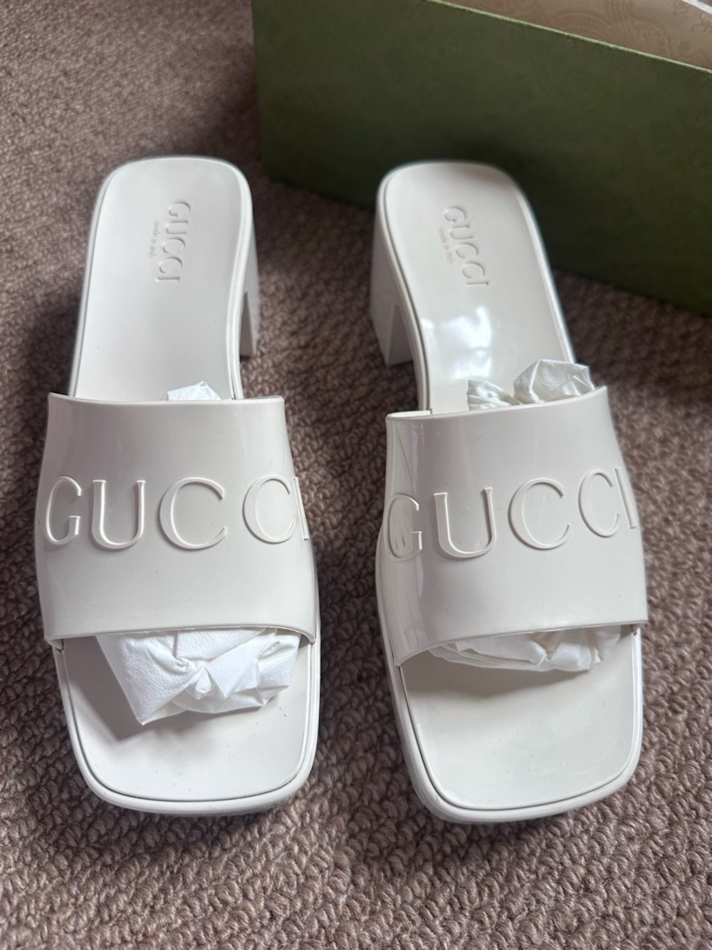 Gucci White Embossed Logo Slide Mules